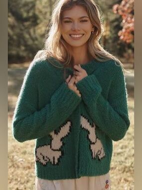 Anthropology, Meave, Cozy Green Knit Cardigan with Bunny. New!